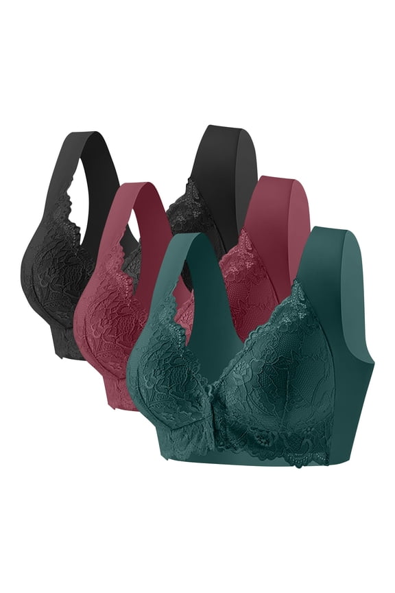 3PC Front Closure Lace Bras for Women No Underwire Wide Strap Clasp Bra Plus Size Breathable Push Up Bra