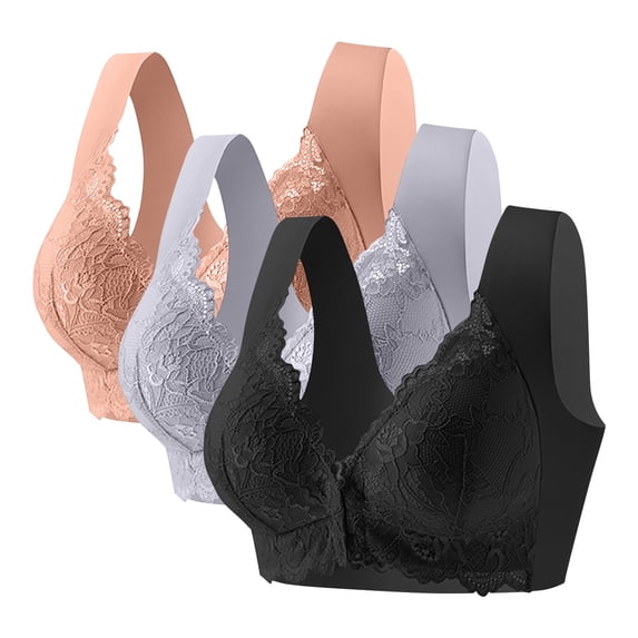 Fengactive 3PC Front Closure Lace Bras for Women Posture Smooth Back Wirefree Bra Seamless Brassiere