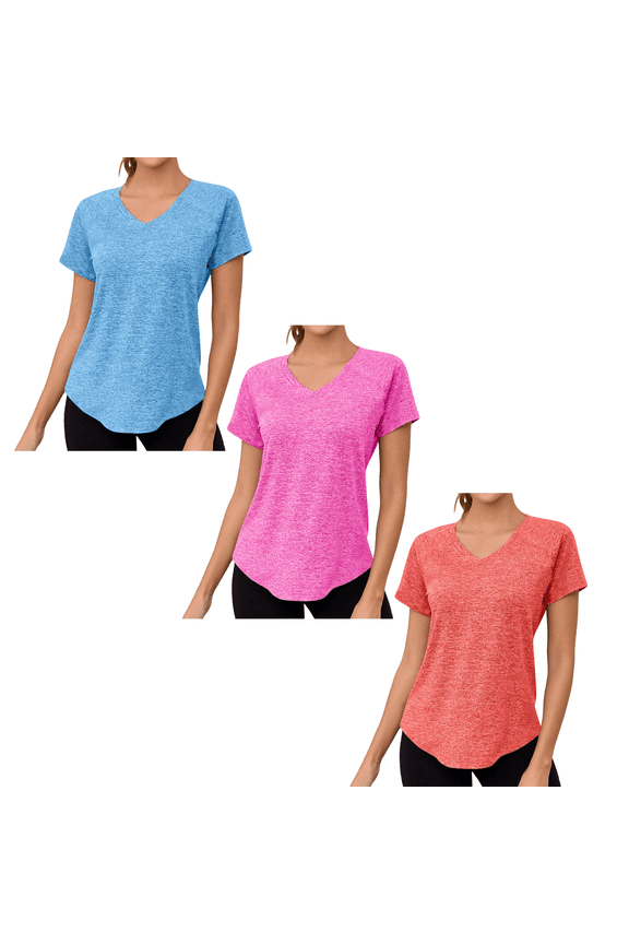 3PC Women's Short Sleeve Workout Shirts Loose Fit V-Neck Exercise T-Shirt Workout Top Yoga Gym Sport Tops