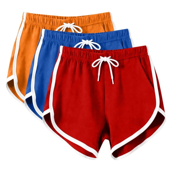 Fengactive 3PC Womens Dolphin Hem Shorts Elastic Drawstring Waist Contrast Piping Side Pockets Sporty Lounge Sleepwear Bottoms