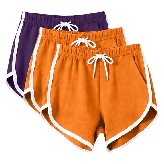 Fengactive 3PC Womens Dolphin Hem Shorts Elastic Drawstring Waist Contrast Piping Side Pockets Sporty Lounge Sleepwear Bottoms