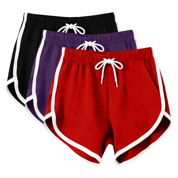 Fengactive 3PC Womens Dolphin Hem Shorts Elastic Drawstring Waist Contrast Piping Side Pockets Sporty Lounge Sleepwear Bottoms