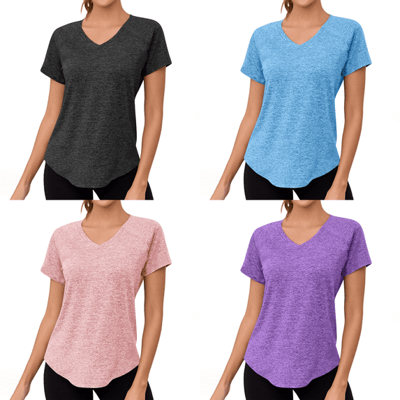 Fengactive 4PC Women's Short Sleeve Workout Shirts Loose Fit V-Neck Exercise T-Shirt Workout Top Yoga Gym Sport Tops
