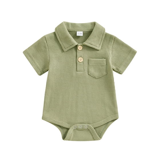 Fengactive Baby Boy Bodysuit Short Sleeve Romper Collared Onesie Front Pocket Snap Crotch Outfit