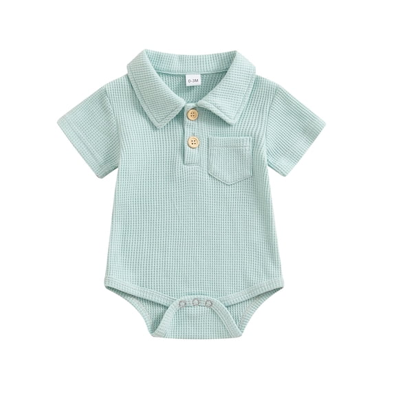 Fengactive Baby Boy Bodysuit Short Sleeve Romper Collared Onesie Front Pocket Snap Crotch Outfit