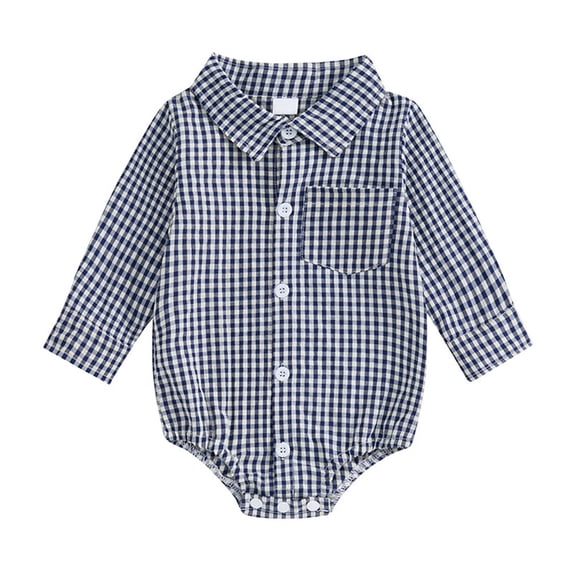 QINGFSAP Baby Gingham Button Down Romper Long Sleeve Collared Shirt Onesie with Pocket and Snap Crotch
