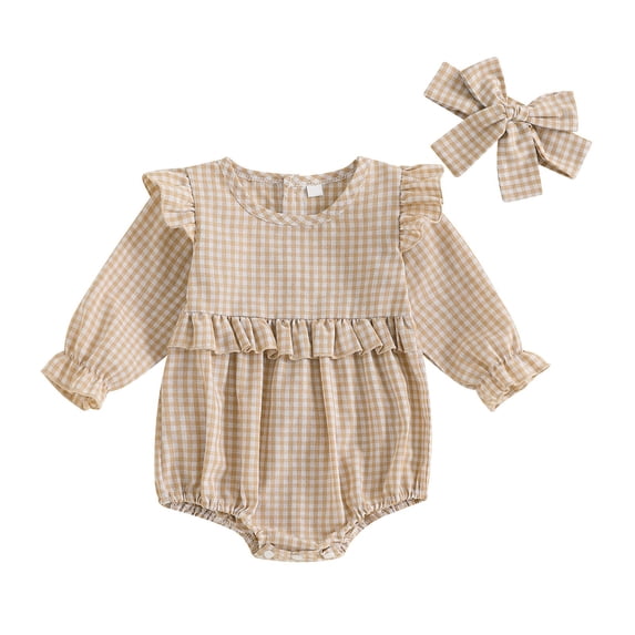 Fengactive Baby Girl Gingham Romper Long Sleeve Ruffle Bubble Bodysuit with Bow Headband Spring Outfit Set