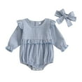 thumbnail image 1 of Fengactive Baby Girl Gingham Romper Long Sleeve Ruffle Bubble Bodysuit with Bow Headband Spring Outfit Set, 1 of 8