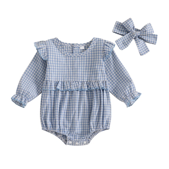 Fengactive Baby Girl Gingham Romper Long Sleeve Ruffle Bubble Bodysuit with Bow Headband Spring Outfit Set