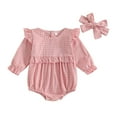thumbnail image 1 of Fengactive Baby Girl Gingham Romper Long Sleeve Ruffle Bubble Bodysuit with Bow Headband Spring Outfit Set, 1 of 3