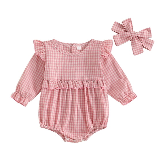 Fengactive Baby Girl Gingham Romper Long Sleeve Ruffle Bubble Bodysuit with Bow Headband Spring Outfit Set