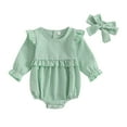 thumbnail image 1 of Fengactive Baby Girl Gingham Romper Long Sleeve Ruffle Bubble Bodysuit with Bow Headband Spring Outfit Set, 1 of 3