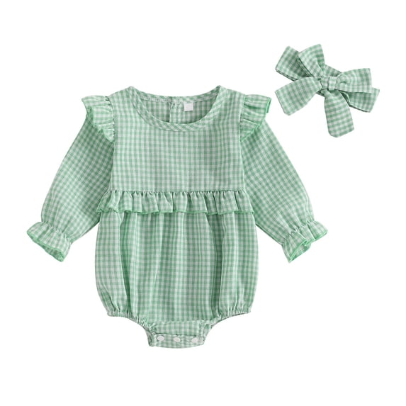 Fengactive Baby Girl Gingham Romper Long Sleeve Ruffle Bubble Bodysuit with Bow Headband Spring Outfit Set