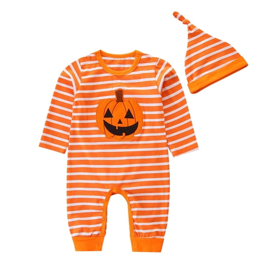 Fengactive Baby Halloween Pumpkin Romper with Hat Striped Long Sleeve Jumpsuit Snap Shoulder and Snap Crotch
