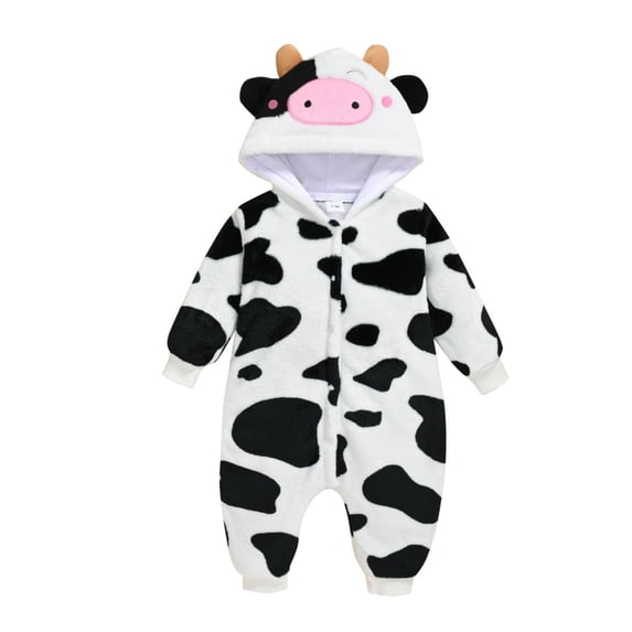 QINGFSAP Baby Plush Hooded Romper Long Sleeve Snap Front Jumpsuit with Allover Pattern and Ribbed Cuffs
