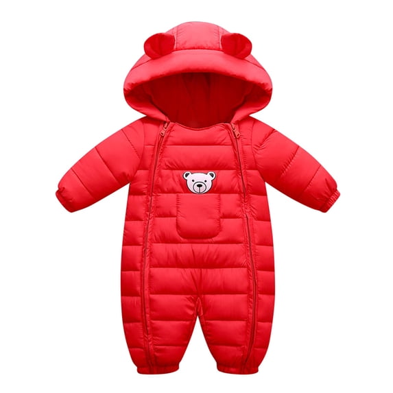 QINGFSAP Baby Puffer Hooded Romper Quilted Jumpsuit with Dual Zipper and Center Pocket Winter Warm Outfit