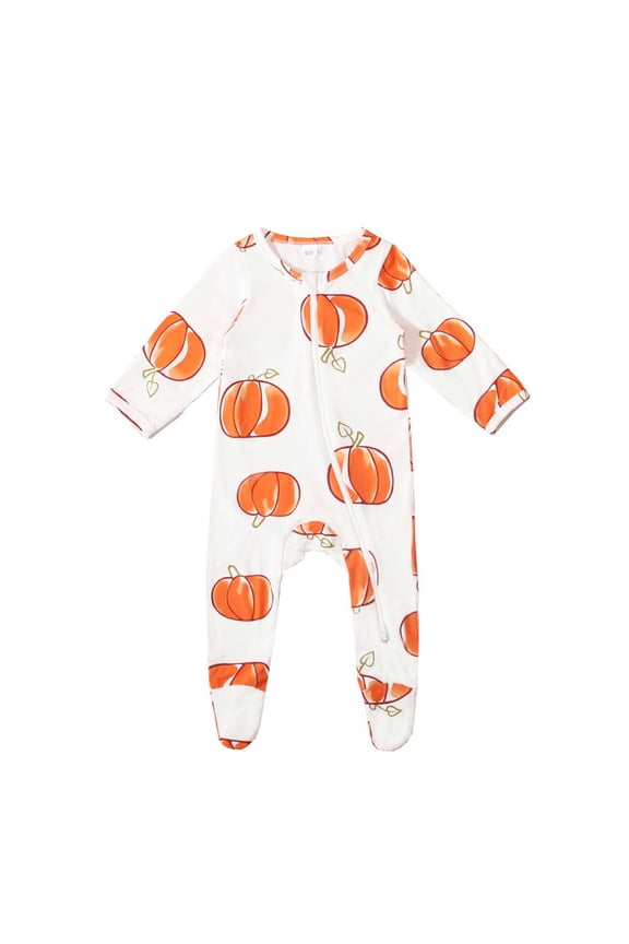 Baby Pumpkin Print Footed Romper Long Sleeve Zip Up Bodysuit Creeper Infant Halloween Outfit