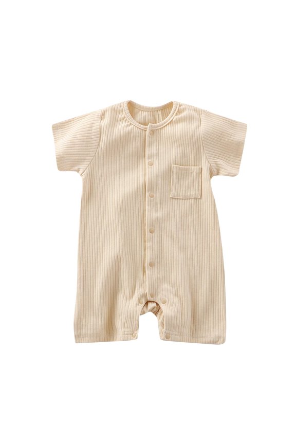 Baby Unisex Short Sleeve Romper Ribbed Summer One Piece Jumpsuit Full Front Snap with Pocket