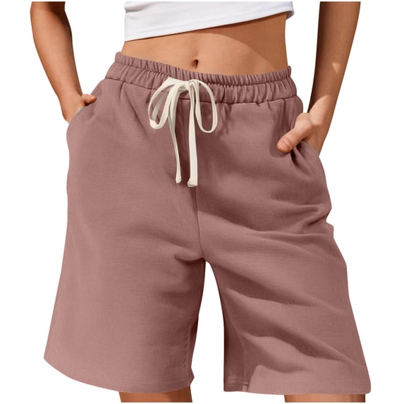 Fengactive Bermuda Shorts for Women Comfy Elastic Waist Drawstring Casual Long Shorts with Pockets
