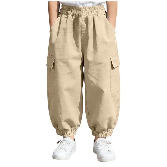 QINGFSAP Boys Girls Cargo Pants Elastic Waistband Cotton Linen Jogger Pants for Kids 7-16T