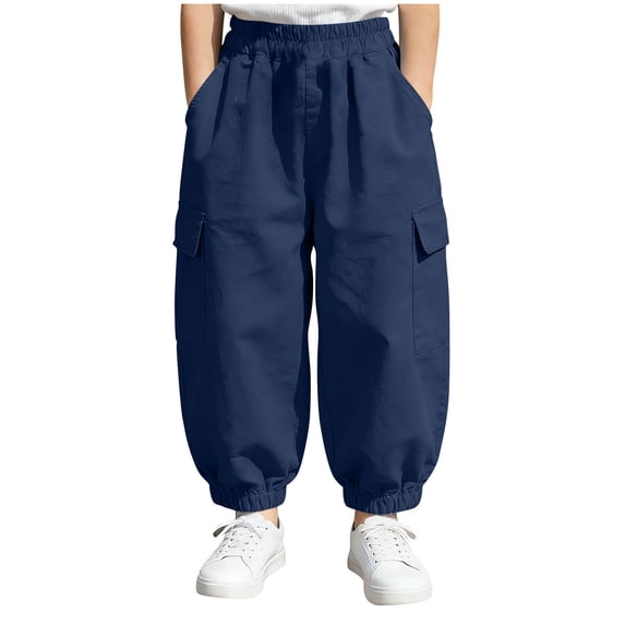 QINGFSAP Boys Girls Cargo Pants Elastic Waistband Cotton Linen Jogger Pants for Kids 7-16T
