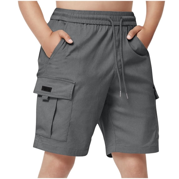 QINGFSAP Boys Solid Color Summer Casual Cargo Shorts Elastic Drawstring Waist Loose Fit Outdoor Workwear Short Trousers 5T-15T