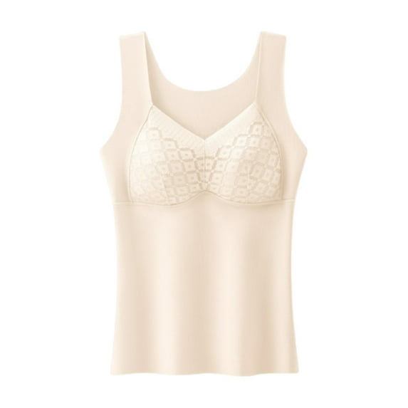 Fengactive Built in Bra Tank Tops for Women 2025 Elegant Lace Patchwork Thermal Underwear High Stretch Comfy Layer Cami
