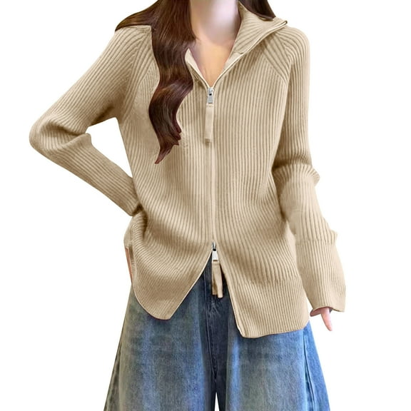 Fengactive Cardigan Sweaters for Women High Neck Zipper Knit Rib Shrug Clothes 2025 Fall Fashion Casual Outfits