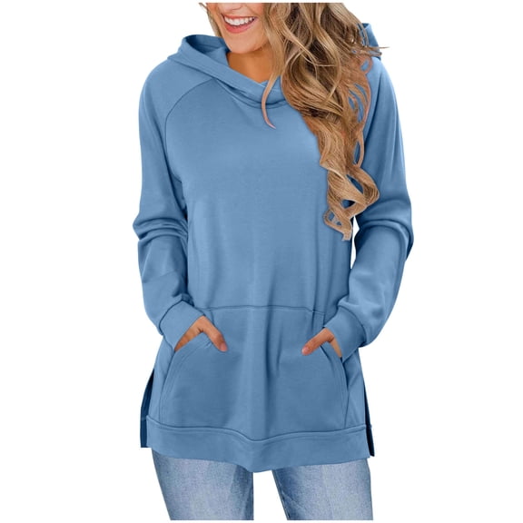Fengactive Casual Long Sleeve Hoodies for Women Fashion Split Hem Sweatshirts Tops with Pockets 2026 Oversized Pullover