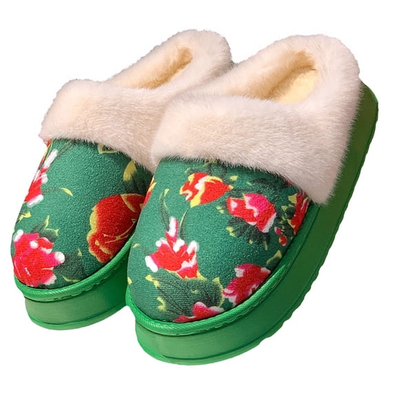 Fengactive Christmas Chinese Floral Slippers for Women Warm Plush Lined Peony Print Indoor Outdoor Non-Slip House Shoes
