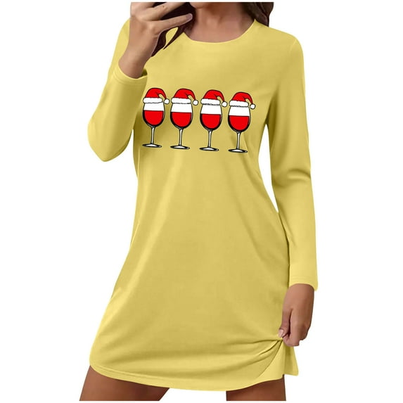 Fengactive Christmas Nightgown for Women Cute Graphic Loose Crewneck Nightshirts Long Sleeve T-Shirt Dress Sleepwear