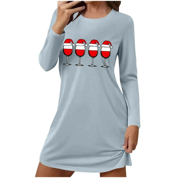 Fengactive Christmas Nightgown for Women Cute Graphic Loose Crewneck Nightshirts Long Sleeve T-Shirt Dress Sleepwear