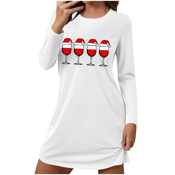 Fengactive Christmas Nightgown for Women Cute Graphic Loose Crewneck Nightshirts Long Sleeve T-Shirt Dress Sleepwear
