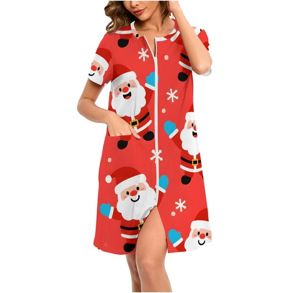 Fengactive Christmas Pajamas for Women's Casual Printed Long Sleeve Zipper Nightdress Fashion Side Slit Loose Pajama