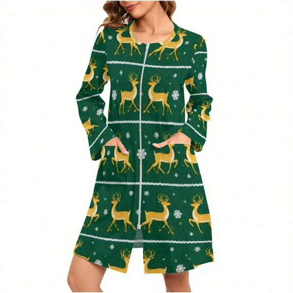 Fengactive Christmas Pajamas for Women's Casual Printed Long Sleeve Zipper Nightdress Fashion Side Slit Loose Pajama