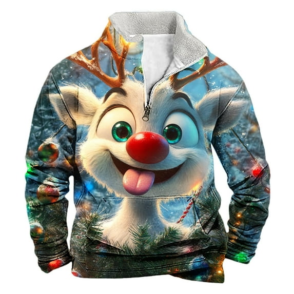 Fengactive Christmas Sweatshirts for Men Reindeer Graphic Pullover Vintage Holiday Long Sleeve 1/4 Zip Stand Collar Tops