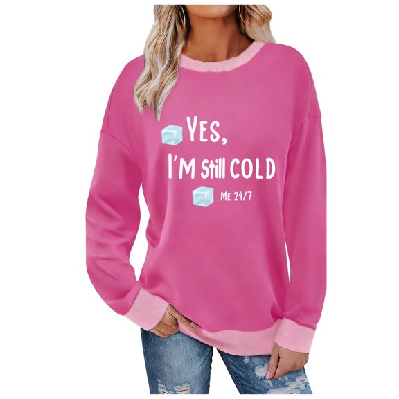 Fengactive Color Block Shirts for Women Crewneck Long Sleeve Blouse Vintage Funny Letter Printed Pullovers Tops