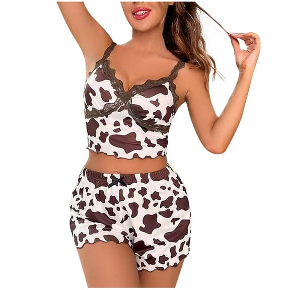 Fengactive Cow Print Pajamas for Women Set 2 Piece Sexy Cami Tops and Shorts Sleepwear Summer Nightwear Lounge Sets