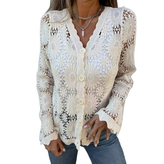 Fengactive Crochet Sweaters for Women Floral Lace Long Sweater Button V-Neck Bell Sleeve Sweater Cardigan