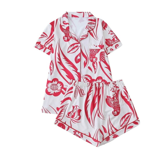 Fengactive Cute Bow Pajamas Sets for Women 2 Piece Button Up Short Sleeve Nightwear Lounge Sleepwear