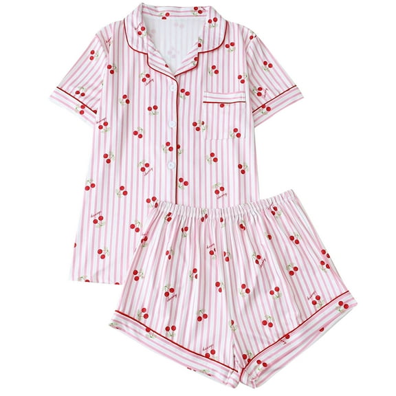 Fengactive Cute Bow Pajamas Sets for Women 2 Piece Button Up Short Sleeve Nightwear Lounge Sleepwear