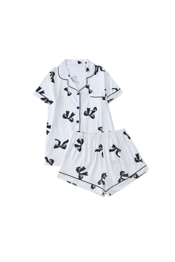Cute Bow Pajamas Sets for Women 2 Piece Button Up Short Sleeve Nightwear Lounge Sleepwear