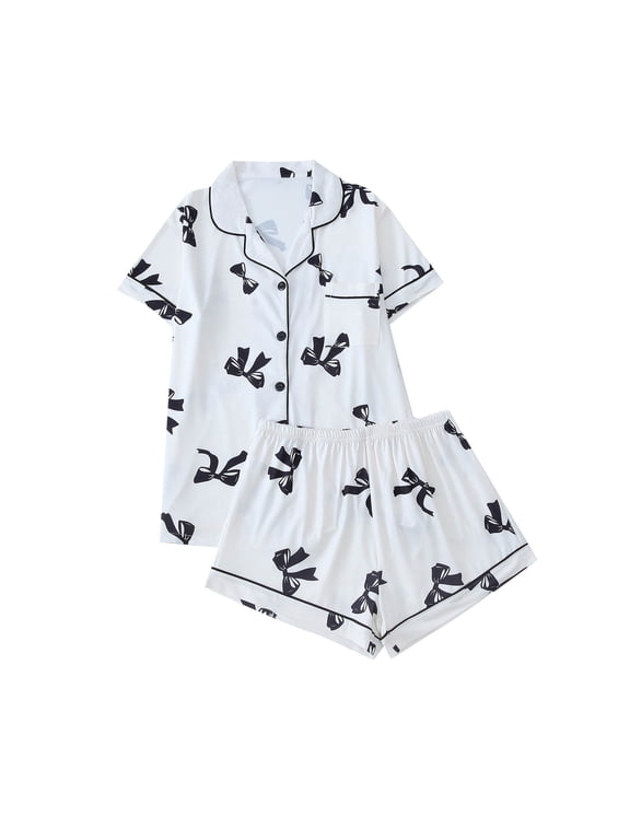 Cute Bow Pajamas Sets for Women 2 Piece Button Up Short Sleeve Nightwear Lounge Sleepwear