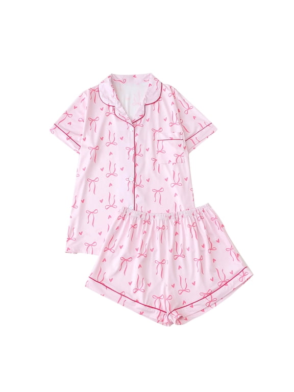 Cute Bow Pajamas Sets for Women 2 Piece Button Up Short Sleeve Nightwear Lounge Sleepwear