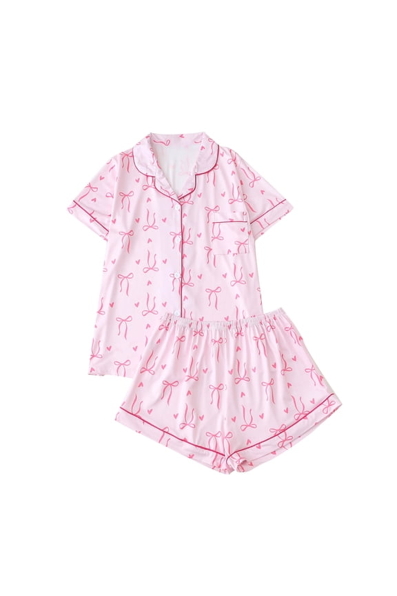 Cute Bow Pajamas Sets for Women 2 Piece Button Up Short Sleeve Nightwear Lounge Sleepwear