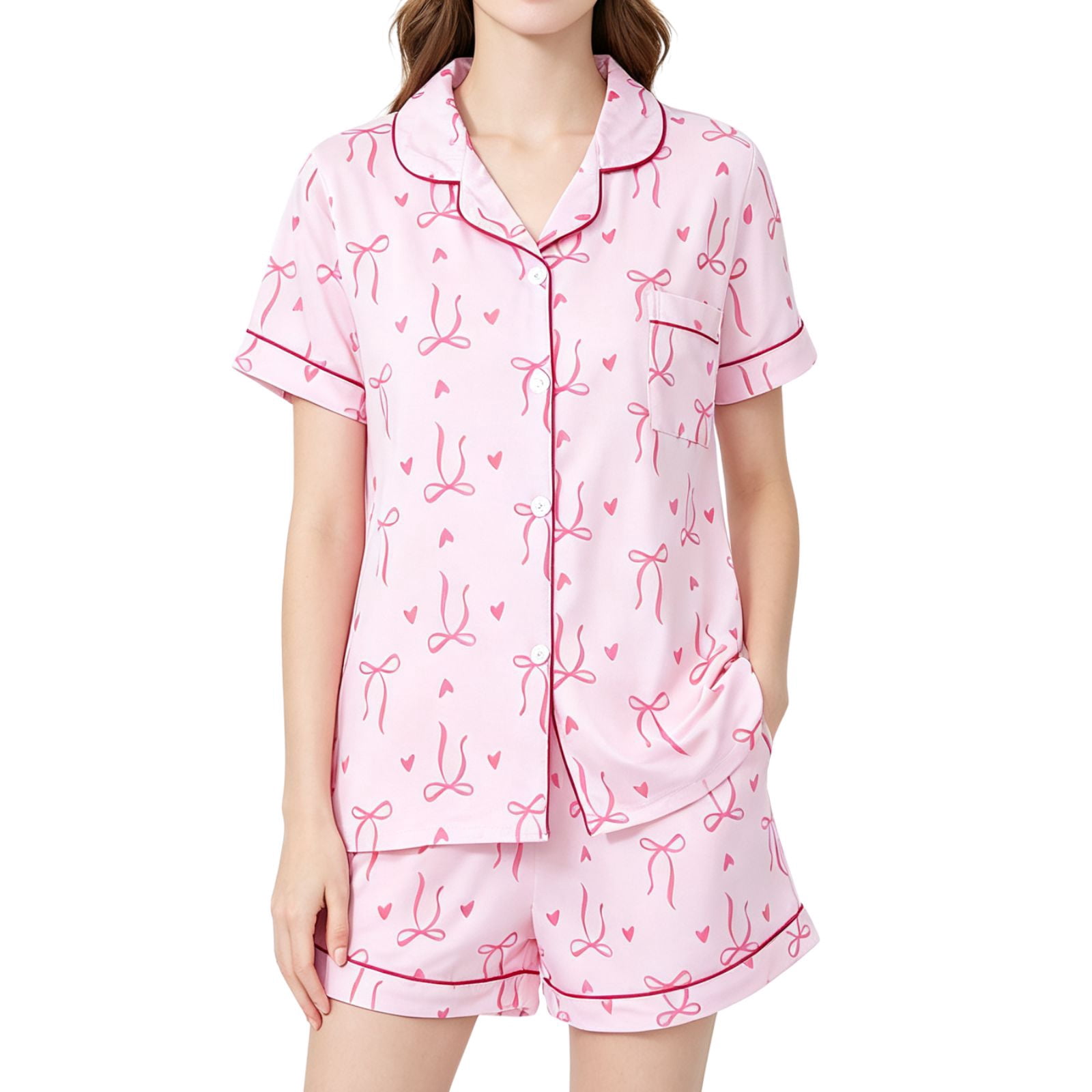 Cute Bow Pajamas Sets for Women 2 Piece Button Up Short Sleeve Nightwear Lounge Sleepwear