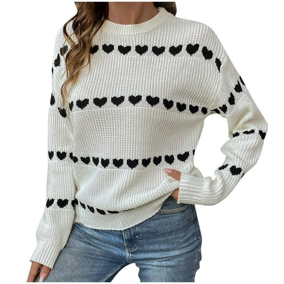 Fengactive Cute Heart Graphic Sweater for Women Knitted Top Casual Crewneck Long Sleeve Sweaters Pullover
