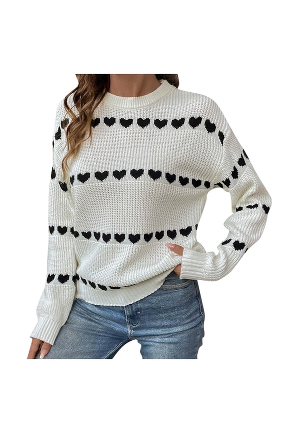 Cute Heart Graphic Sweater for Women Knitted Top Casual Crewneck Long Sleeve Sweaters Pullover