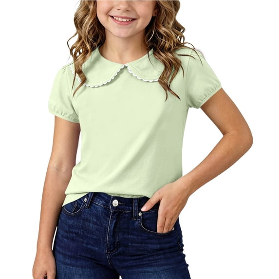 Fengactive Girls Casual Summer Short Sleeve Top Solid Collared Cotton Comfortable Breathable Kids Tees for 0‑9T