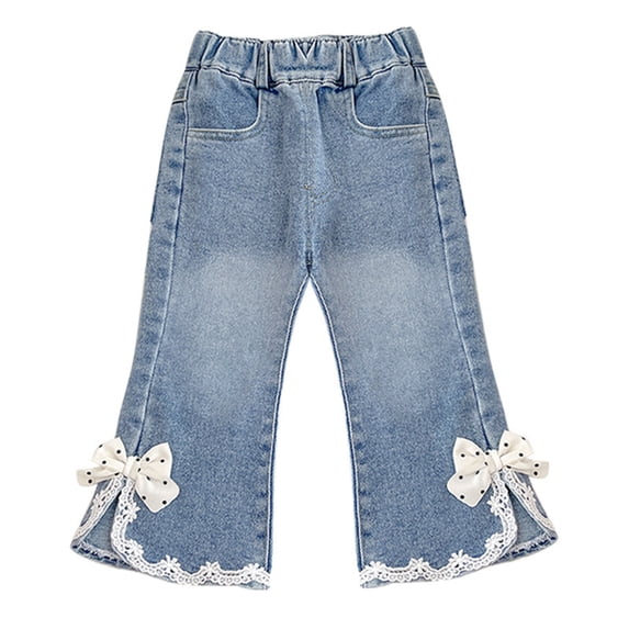 QINGFSAP Girls Cute Sweet Straight Leg Jeans with Lace Bows and Pockets, Fashionable Denim Long Pants for Kids